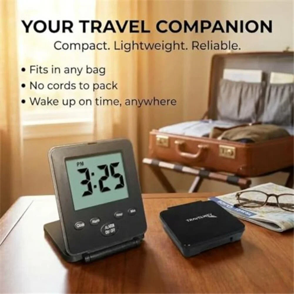 Digital Travel Alarm Clock Loud Easy to Use Small Battery Powered Black Clock